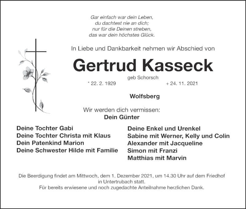  Traueranzeige für Gertrud Kasseck vom 27.11.2021 aus MGO
