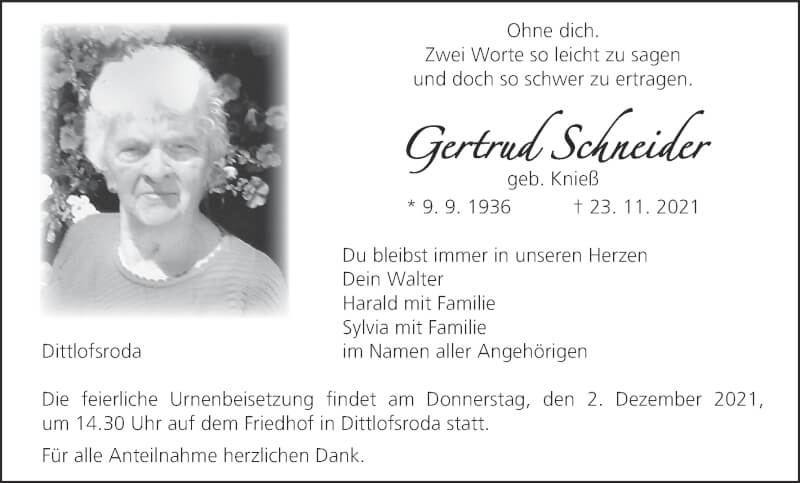  Traueranzeige für Gertrud Schneider vom 27.11.2021 aus MGO