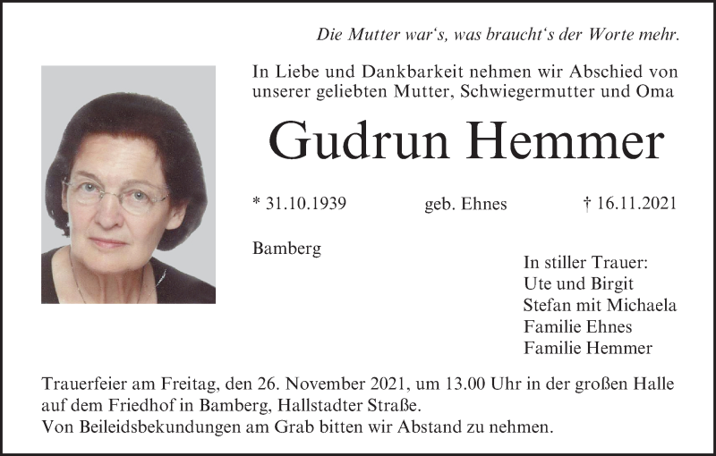  Traueranzeige für Gudrun Hemmer vom 20.11.2021 aus MGO