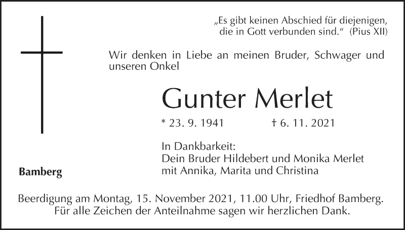  Traueranzeige für Gunter Merlet vom 13.11.2021 aus MGO