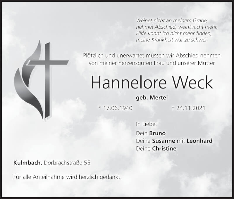  Traueranzeige für Hannelore Weck vom 27.11.2021 aus MGO
