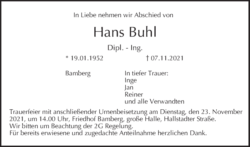  Traueranzeige für Hans Buhl vom 20.11.2021 aus MGO