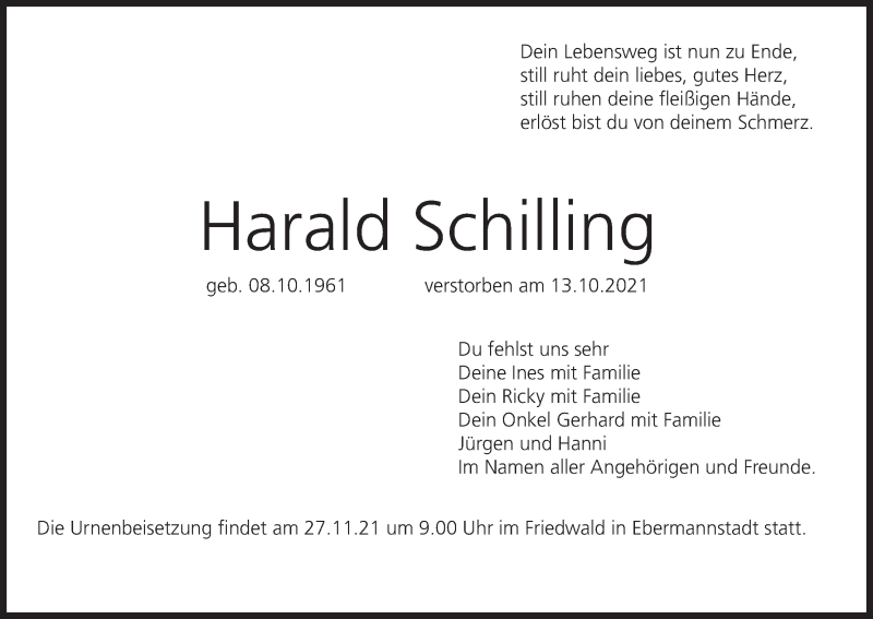  Traueranzeige für Harald Schilling vom 20.11.2021 aus MGO