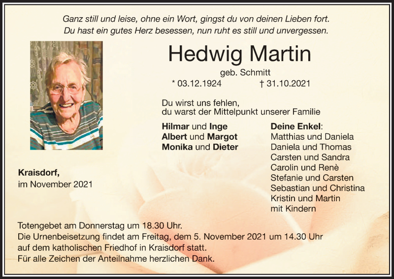 Traueranzeige für Hedwig Martin vom 04.11.2021 aus MGO