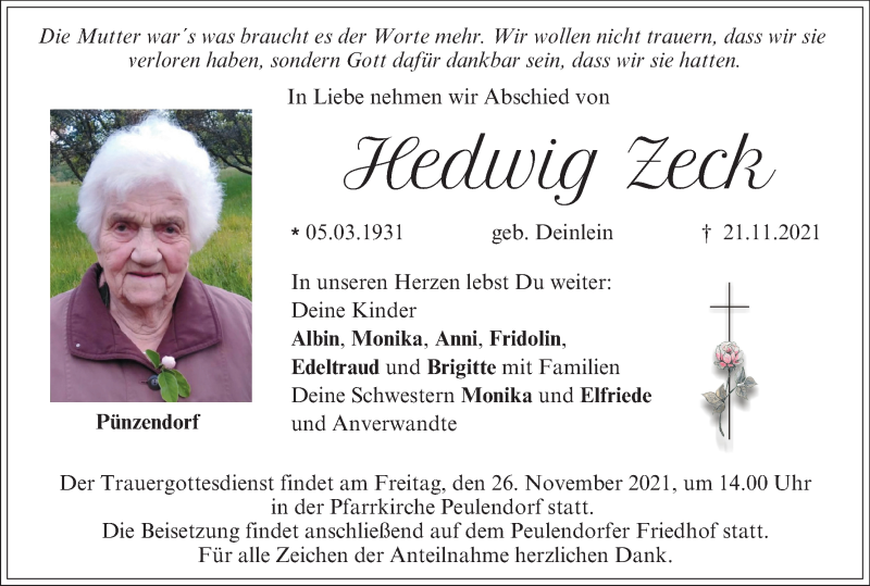  Traueranzeige für Hedwig Zeck vom 24.11.2021 aus MGO