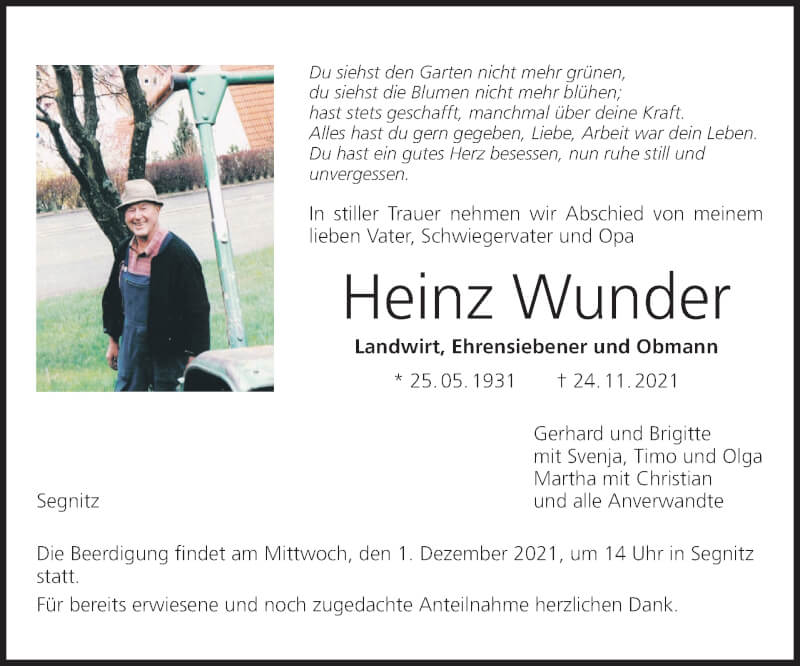  Traueranzeige für Heinz Wunder vom 27.11.2021 aus MGO