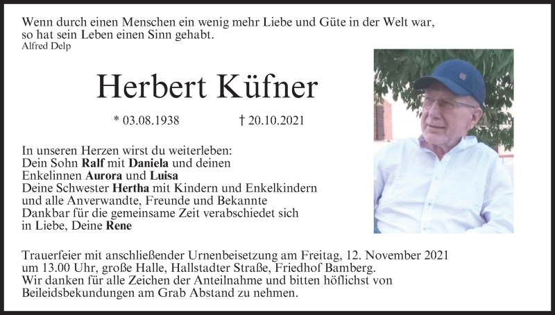  Traueranzeige für Herbert Küfner vom 06.11.2021 aus MGO