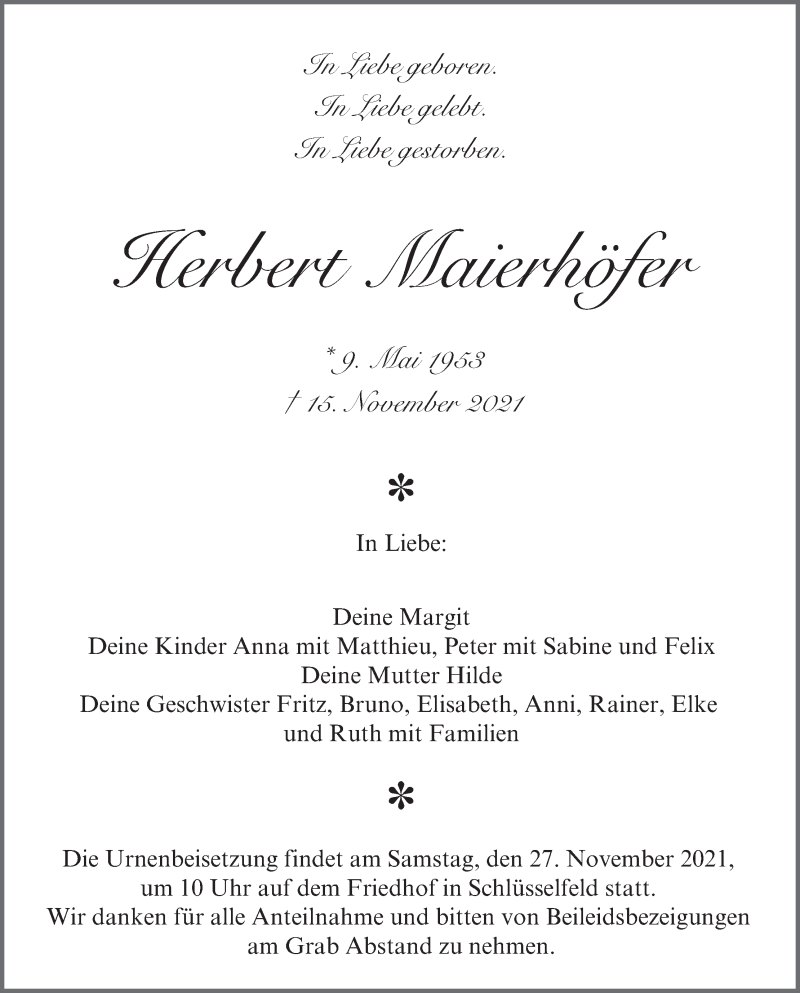  Traueranzeige für Herbert Maierhöfer vom 24.11.2021 aus MGO