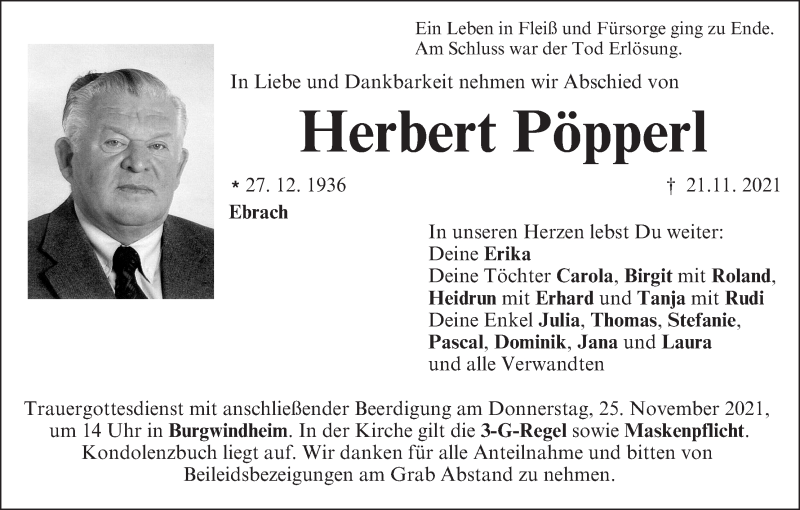  Traueranzeige für Herbert Pöpperl vom 24.11.2021 aus MGO