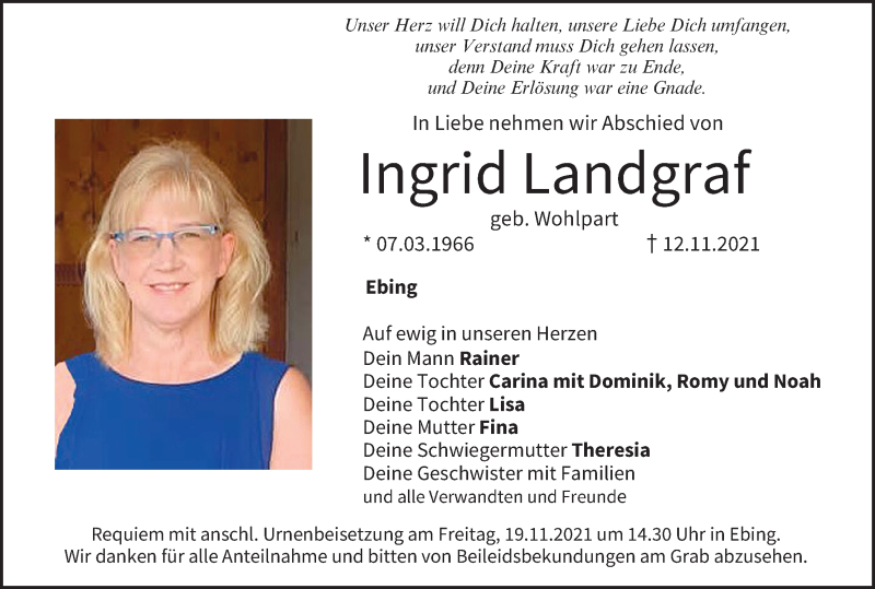  Traueranzeige für Ingrid Landgraf vom 18.11.2021 aus MGO