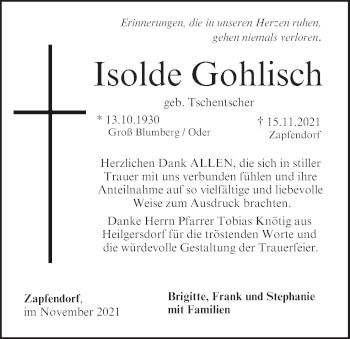 Anzeige von Isolde Gohlisch von MGO
