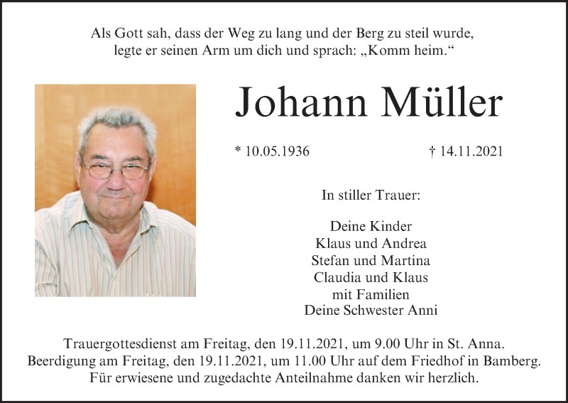  Traueranzeige für Johann Müller vom 18.11.2021 aus MGO