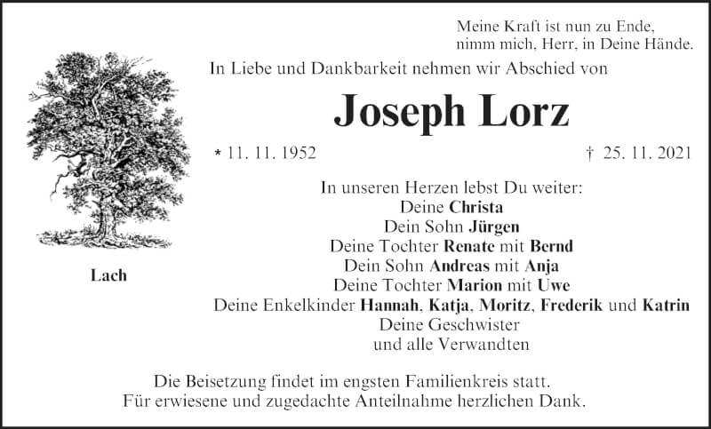  Traueranzeige für Joseph Lorz vom 27.11.2021 aus MGO