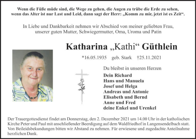  Traueranzeige für Katharina Güthlein vom 27.11.2021 aus MGO