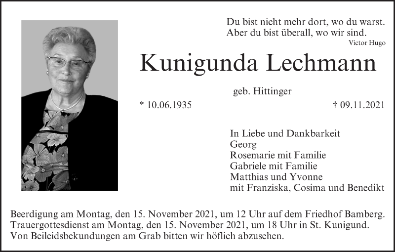  Traueranzeige für Kunigunda Lechmann vom 13.11.2021 aus MGO