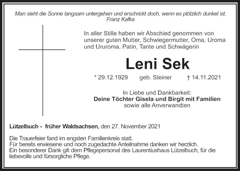  Traueranzeige für Leni Sek vom 27.11.2021 aus MGO