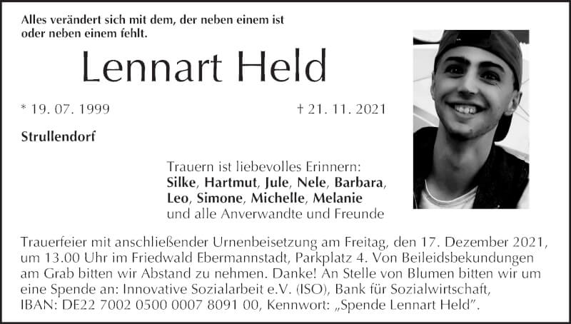  Traueranzeige für Lennart Held vom 27.11.2021 aus MGO