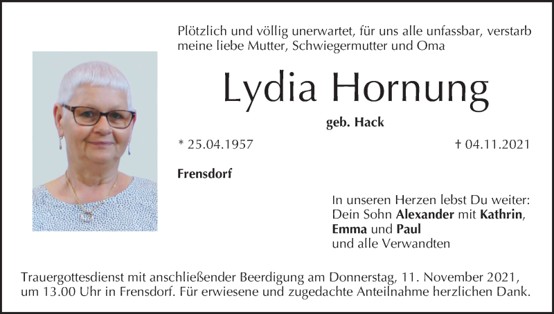  Traueranzeige für Lydia Hornung vom 06.11.2021 aus MGO