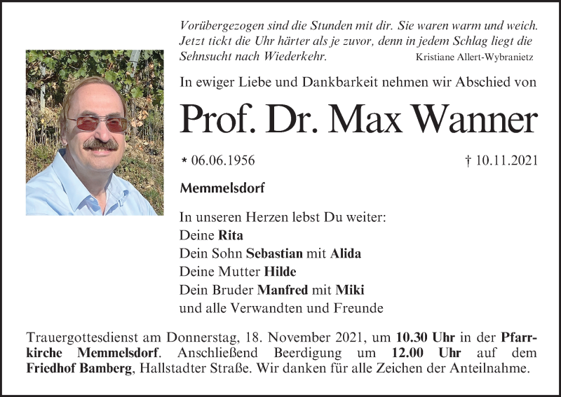  Traueranzeige für Max Wanner vom 13.11.2021 aus MGO