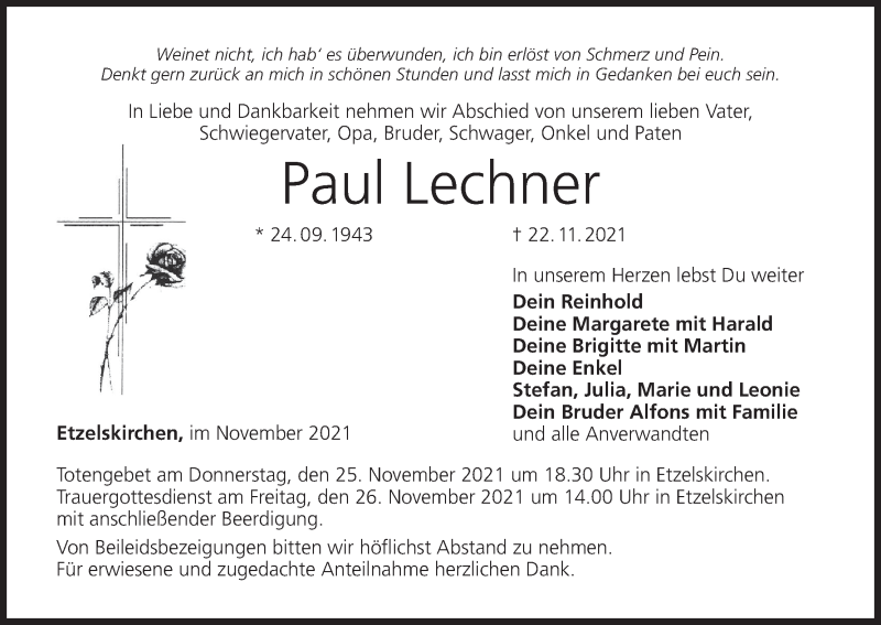  Traueranzeige für Paul Lechner vom 24.11.2021 aus MGO