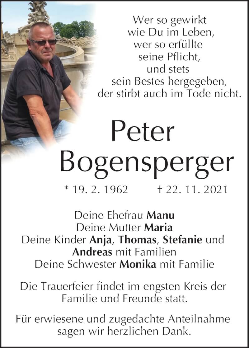  Traueranzeige für Peter Bogensperger vom 27.11.2021 aus MGO