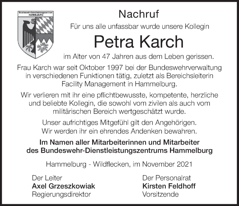  Traueranzeige für Petra Karch vom 12.11.2021 aus MGO