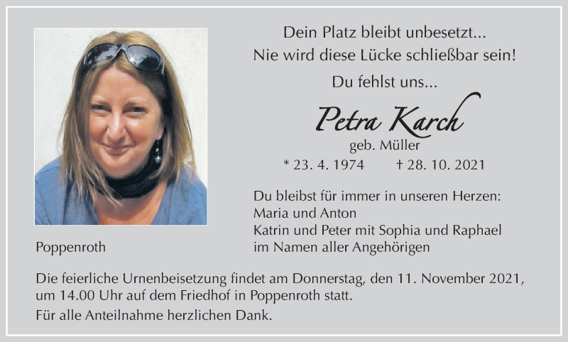  Traueranzeige für Petra Karch vom 06.11.2021 aus MGO