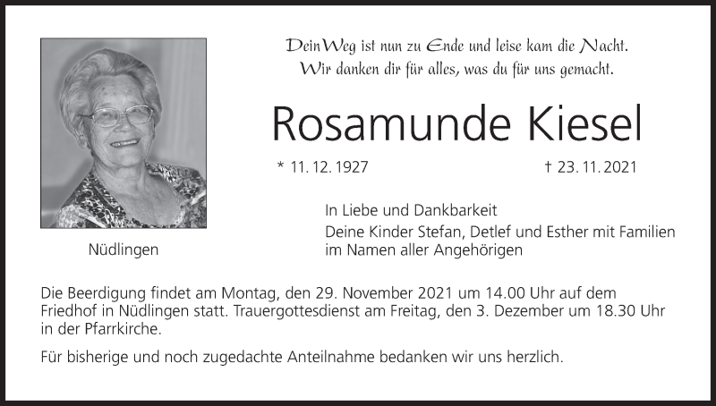  Traueranzeige für Rosamunde Kiesel vom 26.11.2021 aus MGO