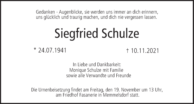  Traueranzeige für Siegfried Schulze vom 13.11.2021 aus MGO
