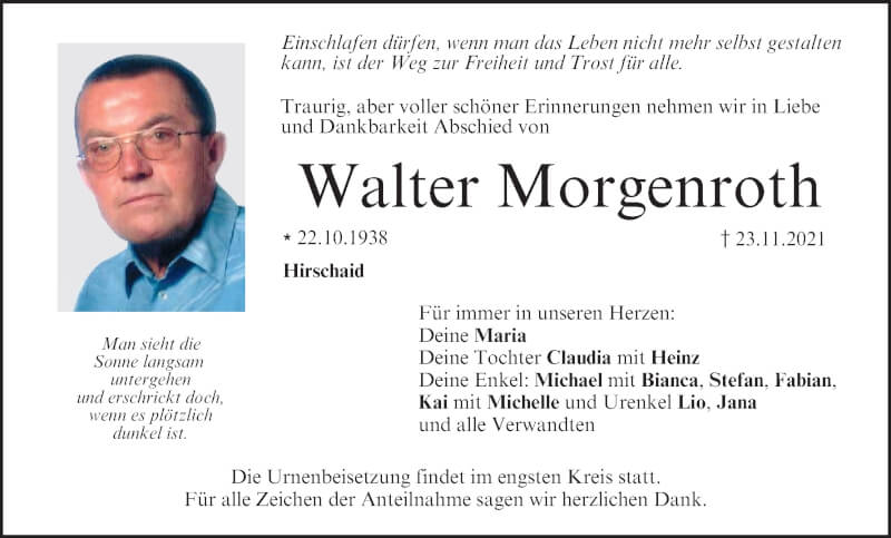 Traueranzeige für Walter Morgenroth vom 27.11.2021 aus MGO