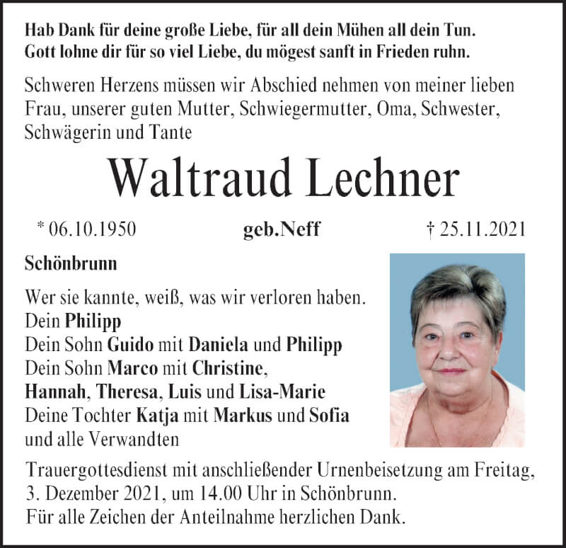  Traueranzeige für Waltraud Lechner vom 27.11.2021 aus MGO