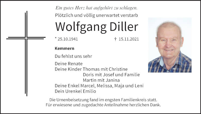  Traueranzeige für Wolfgang Diller vom 27.11.2021 aus MGO