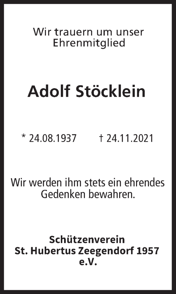  Traueranzeige für Adolf Stöcklein vom 03.12.2021 aus MGO