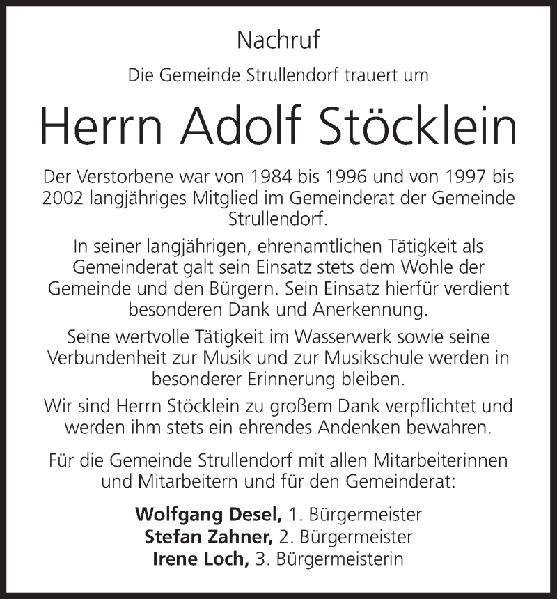  Traueranzeige für Adolf Stöcklein vom 01.12.2021 aus MGO