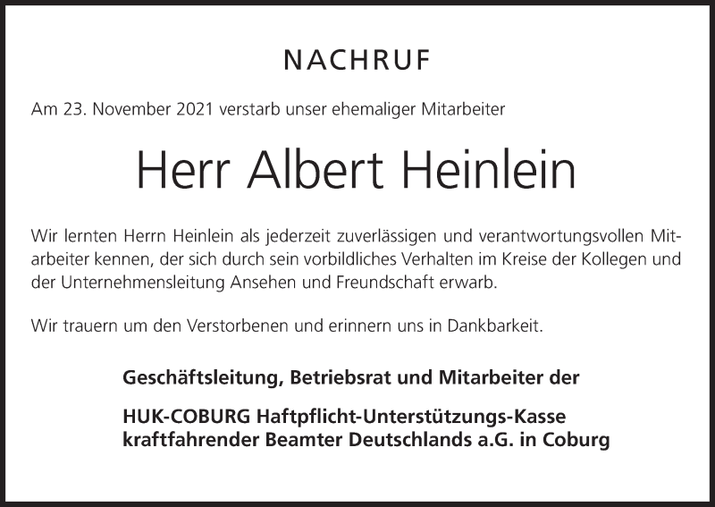  Traueranzeige für Albert Heinlein vom 30.12.2021 aus MGO