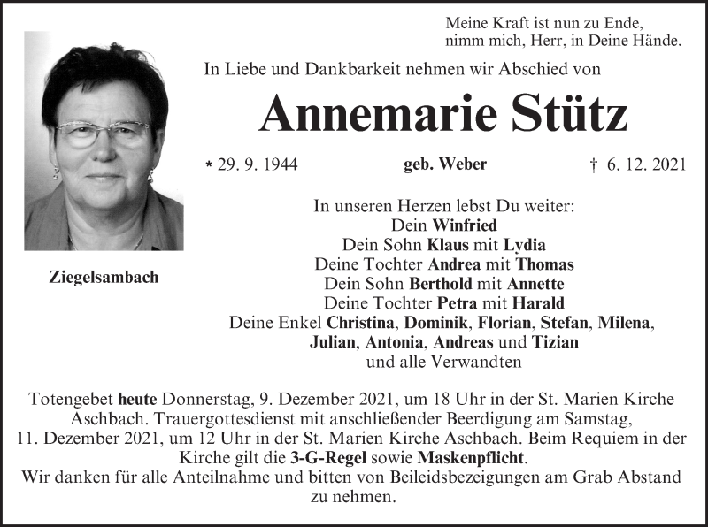  Traueranzeige für Annemarie Stütz vom 09.12.2021 aus MGO