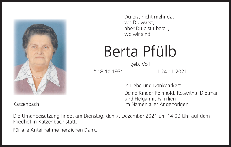  Traueranzeige für Berta Pfülb vom 04.12.2021 aus MGO