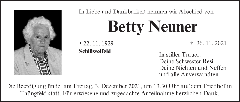  Traueranzeige für Betty Neuner vom 01.12.2021 aus MGO