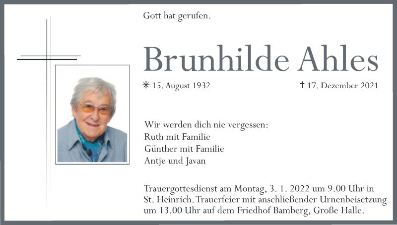  Traueranzeige für Brunhilde Ahles vom 29.12.2021 aus MGO