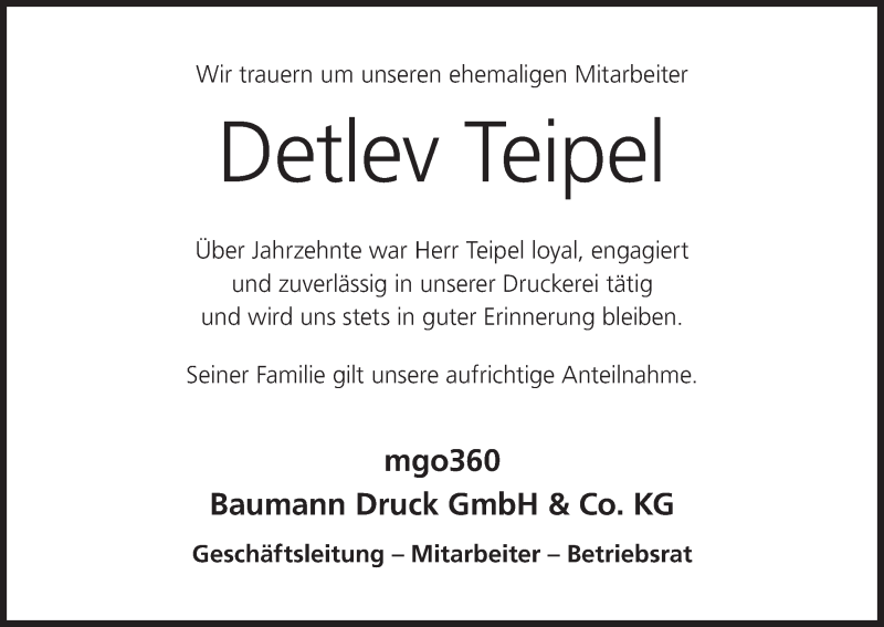  Traueranzeige für Detlev Teipel vom 02.12.2021 aus MGO