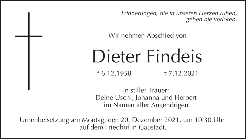  Traueranzeige für Dieter Findeis vom 17.12.2021 aus MGO
