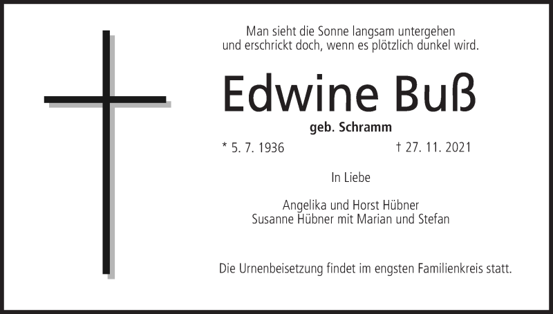  Traueranzeige für Edwine Buß vom 01.12.2021 aus MGO