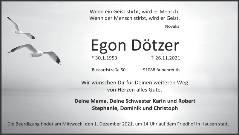  Traueranzeige für Egon Dötzer vom 30.11.2021 aus MGO