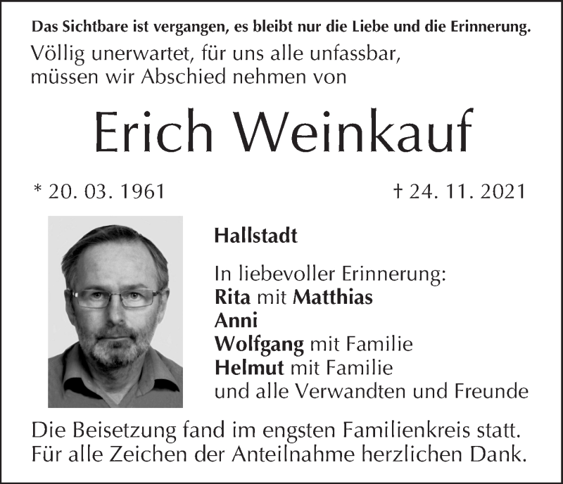 Traueranzeige für Erich Weinkauf vom 04.12.2021 aus MGO