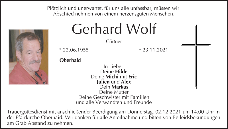  Traueranzeige für Gerhard Wolf vom 30.11.2021 aus MGO