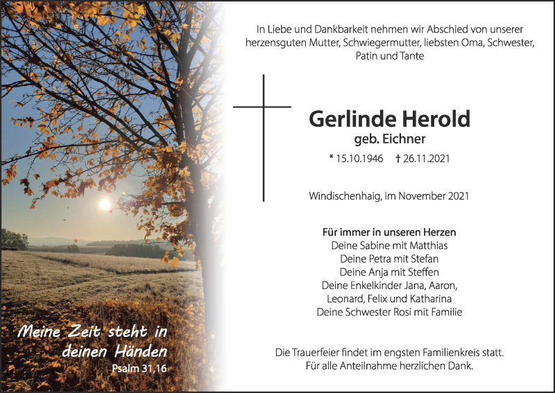  Traueranzeige für Gerlinde Herold vom 01.12.2021 aus MGO