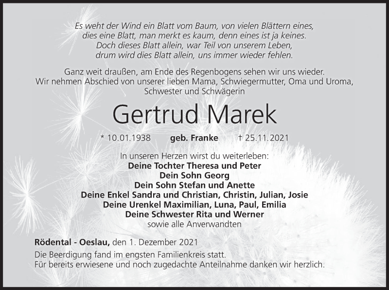  Traueranzeige für Gertrud Marek vom 01.12.2021 aus MGO