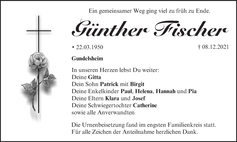  Traueranzeige für Günther Fischer vom 18.12.2021 aus MGO