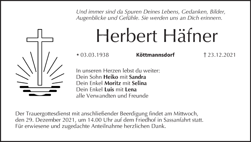  Traueranzeige für Herbert Häfner vom 24.12.2021 aus MGO