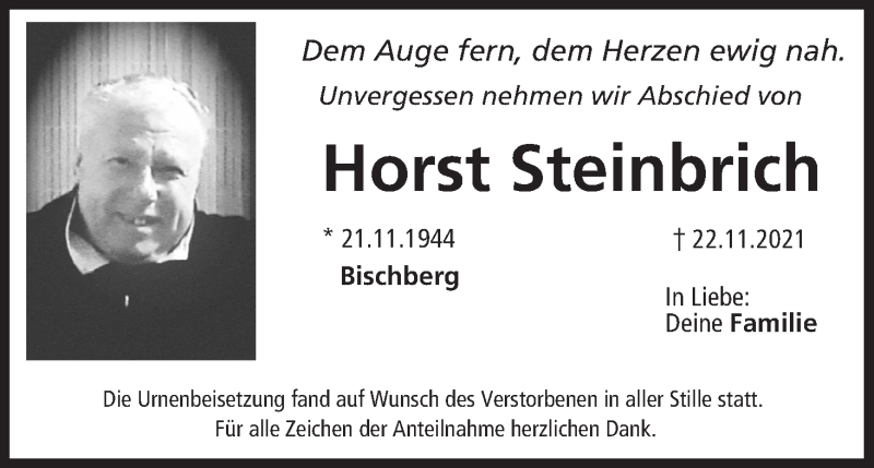  Traueranzeige für Horst Steinbrich vom 11.12.2021 aus MGO